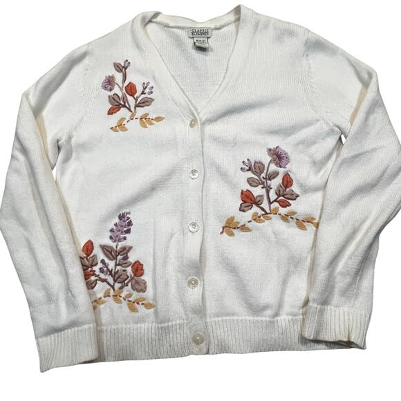 Title Unknown Sweaters - Cream Knitted Floral Embroidered Cardigan Cottagecore Button Sweater Women M